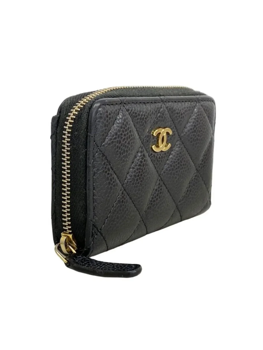 Chanel Coin Case Quilted Caviar Leather Black Gold